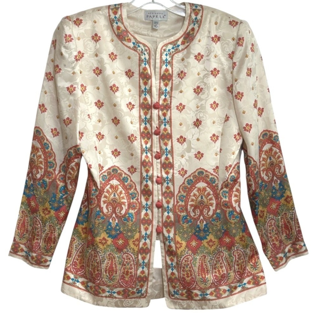 Adrianna Papell Blazer Women Cream Silk Paisley Floral Chic Luxury Elegant 6